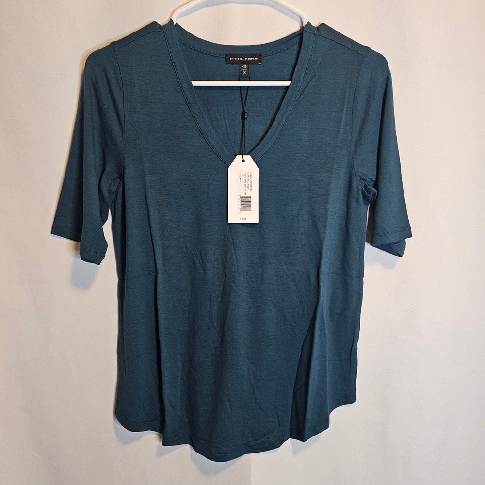 Universal Standard Martha V-Neck Stovetop Sleeve Tee Shirt Teal 4XS=XS NWT‎